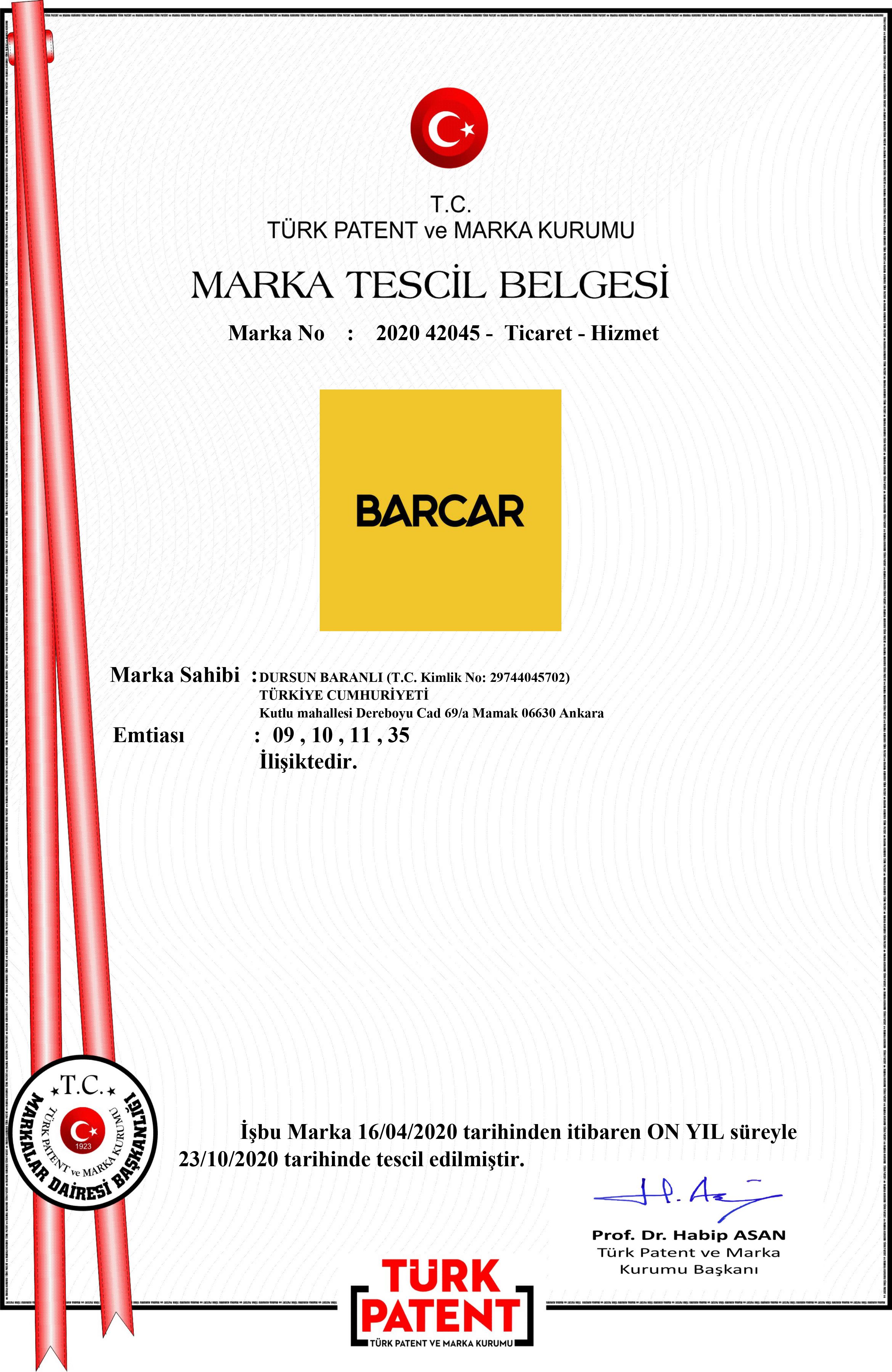 BARCAR MARKA PATENTİMİZ